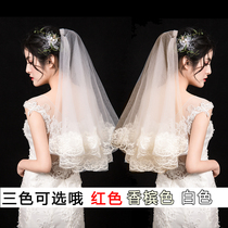 Bride wedding veil beautiful red and white champagne wedding lace lace wedding dress super long tailing photo props short