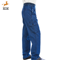 Summer thin pocket jean pants male wear pure cotton welder loose straight barrel labor clothes