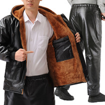 Gushed thickened Even cap riding leather jacket leather pants leather suit mens warm windproof work clothes loose and waterproof leather cotton clothes