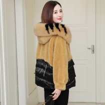 zqqz sheep shearing coat womens short fox fur collar new granular wool fur coat down jacket 8006