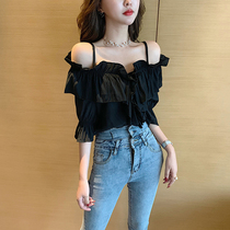 2021 summer new black one-shoulder design sense niche Chiffon shirt slim temperament short-sleeved top womens clothing
