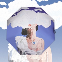 CK sun umbrella Retro wind automatic folding barometer rain dual-use vinyl sunscreen creative girl oil painting parasol