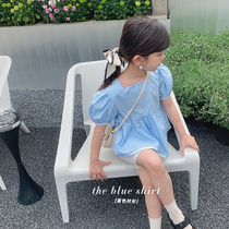 Salty Egg Shrimps Rice Girl Quality Banged Side Blue Square Collar Shirt Baby Summer Dress Children Foreign Air Bubble Sleeve Blouse