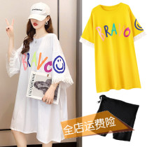 Gestational Maternity dress Dress Summer Suit Short Sleeves Medium Long blouse Loose Big Code Slats Undershirt Pure Cotton Pregnant Woman Skirt