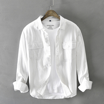 Summer Long Sleeve Shirt Mens Double Pockets Loose Tooling Casual Clothes Pure Cotton White Tide Lining Coat