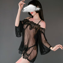 Sexy Spice Pajamas Woman Transparent and Spicy Dew Shoulder Lace Lace Thin seductive mesh yarn lingerie sling Sleeping dress Big size