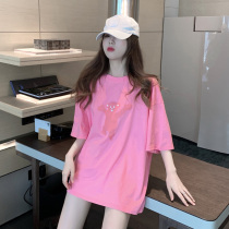 South Korea 2020 new net Red fashion bear print rose pink T-shirt female ins summer loose thin short sleeve tide