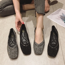 European station 2021 summer new shallow mouth single shoes womens size ladyshoes rhinestone sequins square head flat Bean shoes children