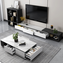 Retractable TV cabinet coffee table combination Modern simple Nordic living room small apartment imitation marble creative tea table set