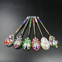 Spot Russian Empire Antique Silver gold Golden Pinch Enamel Silver Spoon Rare Collection Grade Coffee Spoon 6