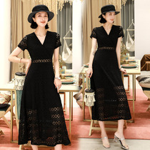 Black dress Hepburn wind summer V collar light mature wind long temperament foreign air waist thin water soluble lace dress