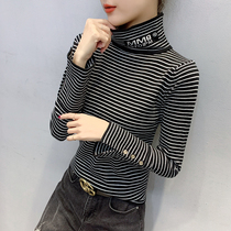 High collar striped undershirt woman autumn and winter 2022 new European station sweaters with slim foreign knitted blouses