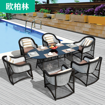 Outdoor rattan table and chairs patio minimalist table and chairs five sets of outdoor villa garden open modern dining table and chairs