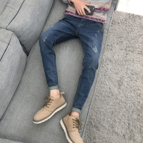 Trendy brand jeans mens plus velvet thick Korean version of the trend mens pants slim-fit small feet all-match trousers autumn and winter new