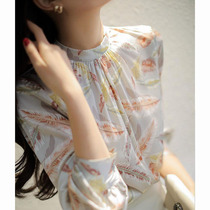 Mularsa Method Temperament Comeback Feather Printed Shirt Woman 2022 Summer new disc buckle Blister Blister blouse