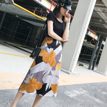 50% off~Light cloth Hong Kong flavor womens spring and summer long retro high-waisted a-line skirt Chiffon printed skirt