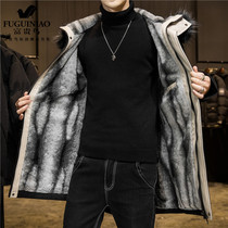 mens autumn winter hooded thickened fleece mens overalls thermal jacket mid-length rich bird down jacket
