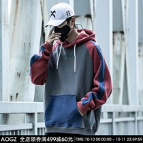 National Tide plus velvet thick clothes men autumn and winter loose hooded stitching color clothes trend casual wild coat