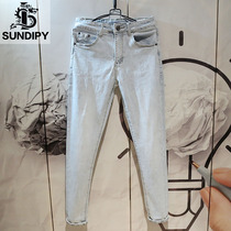 Spring and Autumn Light Blue Denim Pants Korean Slim Warm Men's ins Fashion Wear Simple Washed Feet Pants