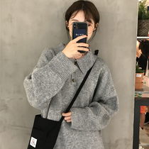 Tide Cards 2021 Autumn Winter New Loose 100 hitch Lazy Wind Jacket Polo Collar students turn over the knitted sweatshirt