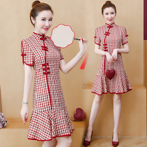 2022 cheongsam new plus size womens clothing loose fat sister improved plaid red Chinese style dress trend