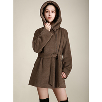 NZ Black Label imported llama velvet Curry color leather edge hooded short alpaca wool coat womens small wool coat