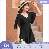 MSShe big code womens dress 2022 new summer dress fat mm holiday seaside V collar flower bract sleeves short one-piece swimsuit
