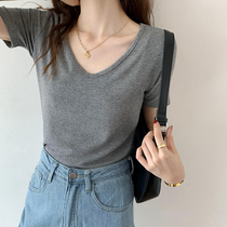Grey short sleeve T-shirt woman 2022 summer new V neckline with collarbone inside lap bottom shirt 100 lap tight jacket half sleeve