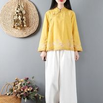 Chinese style retro buckle cotton linen suit women spring loose Chinese embroidered linen shirt literary Zen