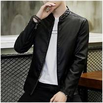 Leather leather mens spring and autumn new Korean slim fashion jacket mens handsome velvet thickened motorcycle leather jacket