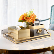 Tissue box set ornaments high-grade light luxury tea table tray remote control storage box metal drawing box three-piece set