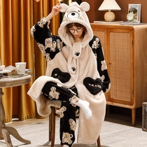 Coral fluffy pajamas woman with velvet and long robe in autumn and long pajamas cute flannel keep home clothes two sets