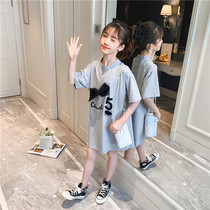 Girls Dress Short Sleeves Summer 2021 New Medium and Long Korean Style Printed Cotton T-shirt Skirt