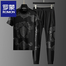 Romont Casual Suit Mens Summer Thin Ice Silk Sports Trend High-end Printed Bronzing Men Short Sleeve T-shirt