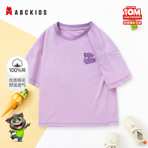 Abckids Childrens Clothing Childrens short-sleeved T-shirt Girls 2021 Summer Pure cotton girls Round neck large children solid color top