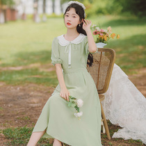 2021 summer avocado green doll collar lace tea break skirt stitching strap waist short sleeve sweet dress