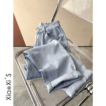 Xiao Xijia) Light blue elastic waist wide legs straight loose Korean version of Hong Kong style denim pants casual Joker Spring and Autumn