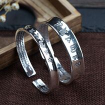 Foot silver S990 silver retro craftsmanship Six words true and heart warp with opening female Concave Bracelet