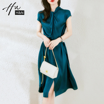 High end acetic acid satin dress female summer 2021 new blue lace-up waist thin temperament skirt