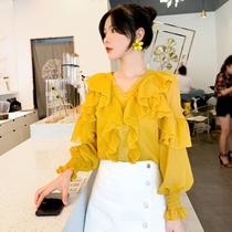 2019 autumn new tide lantern long sleeve V-neck chiffon shirt female fairy flounces blouse Joker shirt loose