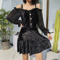 Big Code Swimsuit Woman Fat MM200 Catconjoined Exposed Shoulder to Hide With Slim Sexy Swimsuit Spa Sunscreen Black