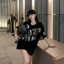 Korean letter hot diamond long mens short sleeve T-shirt female Autumn New Hong Kong wind loose thin girlfriends tide couple