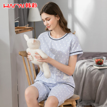 Ms. Han Cai short-sleeved shorts cotton home suit set summer thin summer loose round neck pajamas two-piece