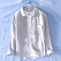 Japanese striped long-sleeved cotton and linen shirt Mens casual top clothes Summer plaid loose linen shirt breathable