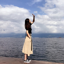 Europe station 2021 summer new retro literary goddess Fan irregular suit skirt Hong Kong style fashion two-piece set