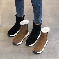 Hong Kong snow boots womens fur integrated 2021 new winter leather short boots plus velvet thickened bottom short cotton shoes