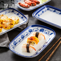 Beilaien Chinese white blue and white white sausage powder plate Barbecue plate Multi-functional commercial dish plate meat plate rectangular plate