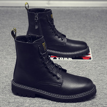 Martin boots mens autumn and winter high-top leather shoes short tooling snow thick-soled trendy motorcycle boots mid-top shoes leather