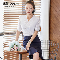Clearance 6 fold summer business suit women chiffon shirt skirt V collar temperament fashion white collar ol work clothes