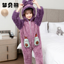 Childrens flannel pajamas girls autumn and winter coral velvet conjoined thickened Princess Zhongdabi warm home clothing